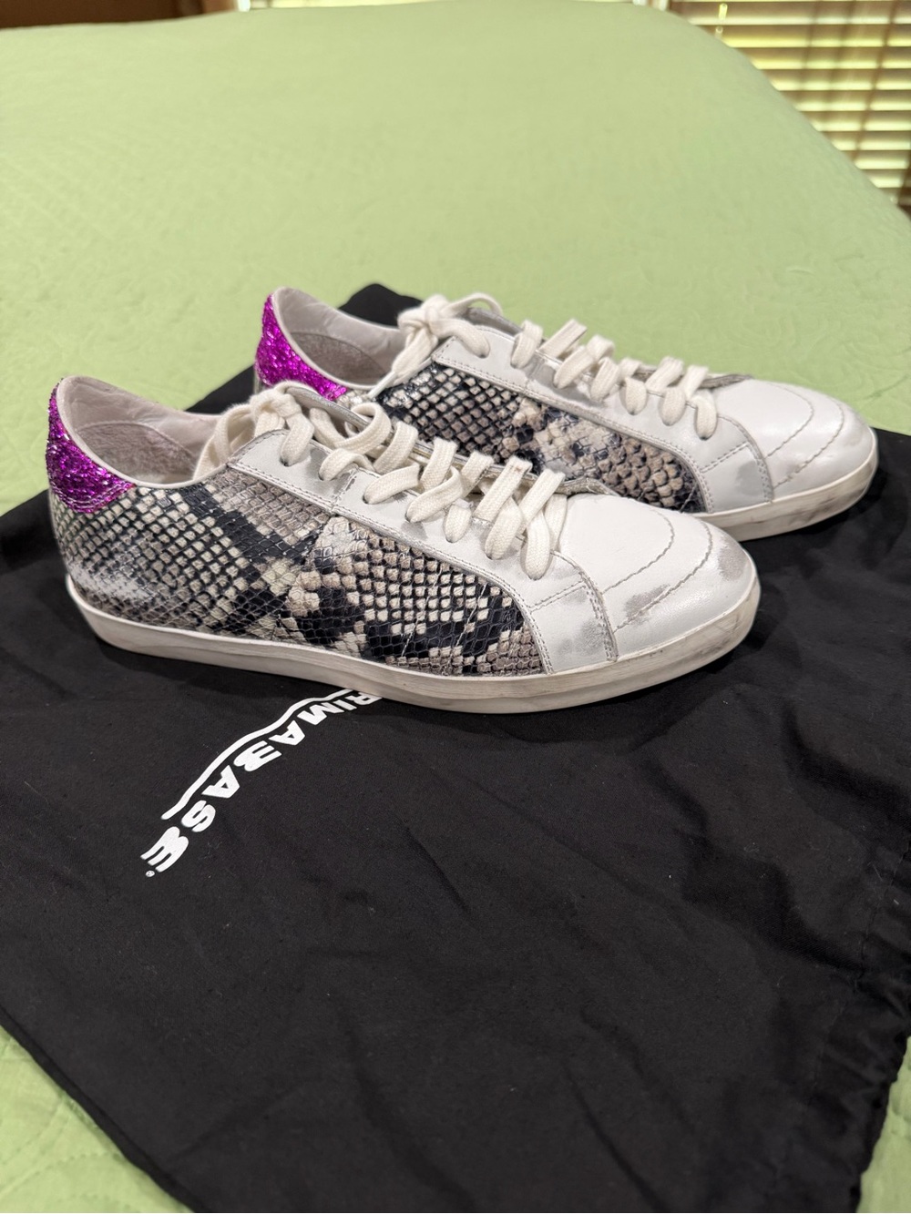 White leather Snake-Print Sneakers with Pink Glitter Heel Accent
